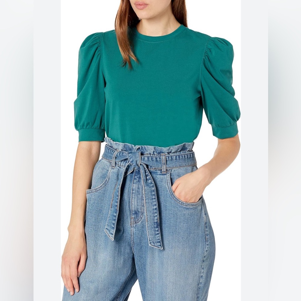 The Drop Teal Puff Sleeve Top NWT XS Elevated Basic Quiet Luxury Chic